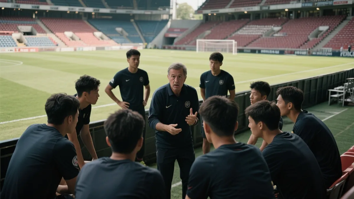 教练在场边指挥，球员围成一圈倾听战术，充满凝聚力